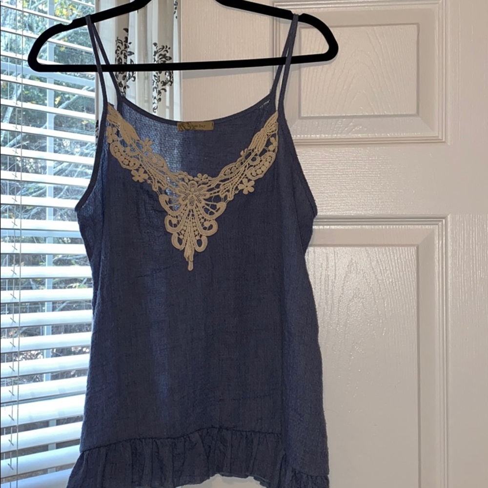 Blue Tank with Ivory Lace Design